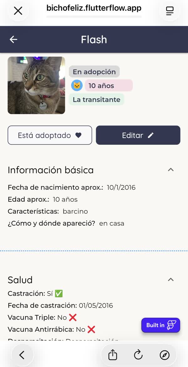 The first version, in FlutterFlow: an animal record with ticks and crosses, everything open at once