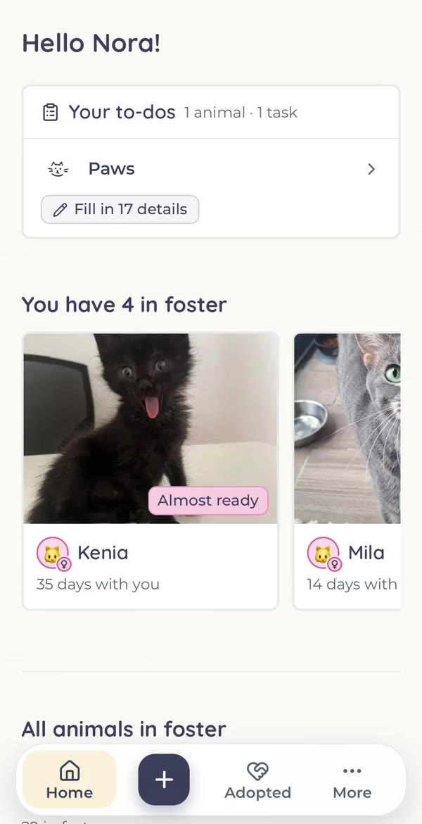 An animal record in the app