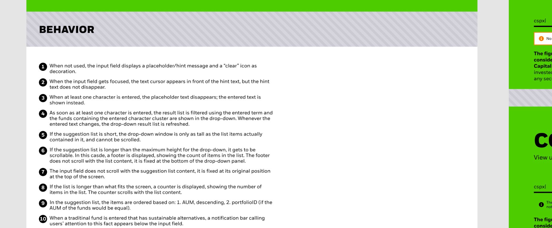 A behaviour page with ten numbered rules for the fund search field, from the placeholder text to how the suggestion list is filtered, sorted and scrolled.