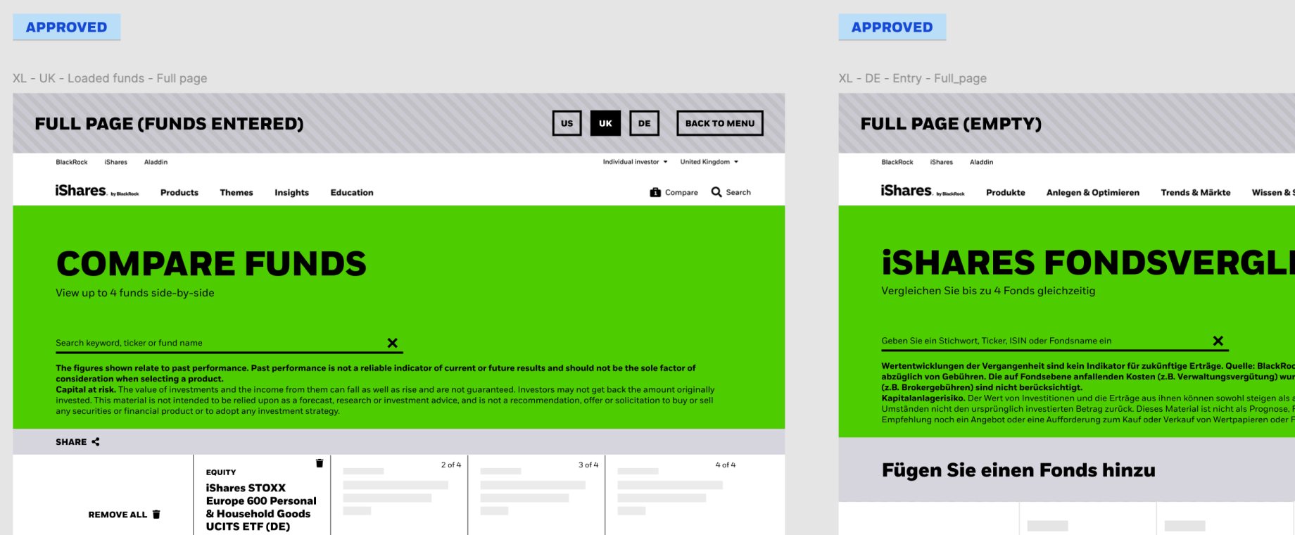 Two full-page boards side by side: the UK comparison with a fund entered, and the German comparison in its empty state, each with the market switch and the legal disclaimers.