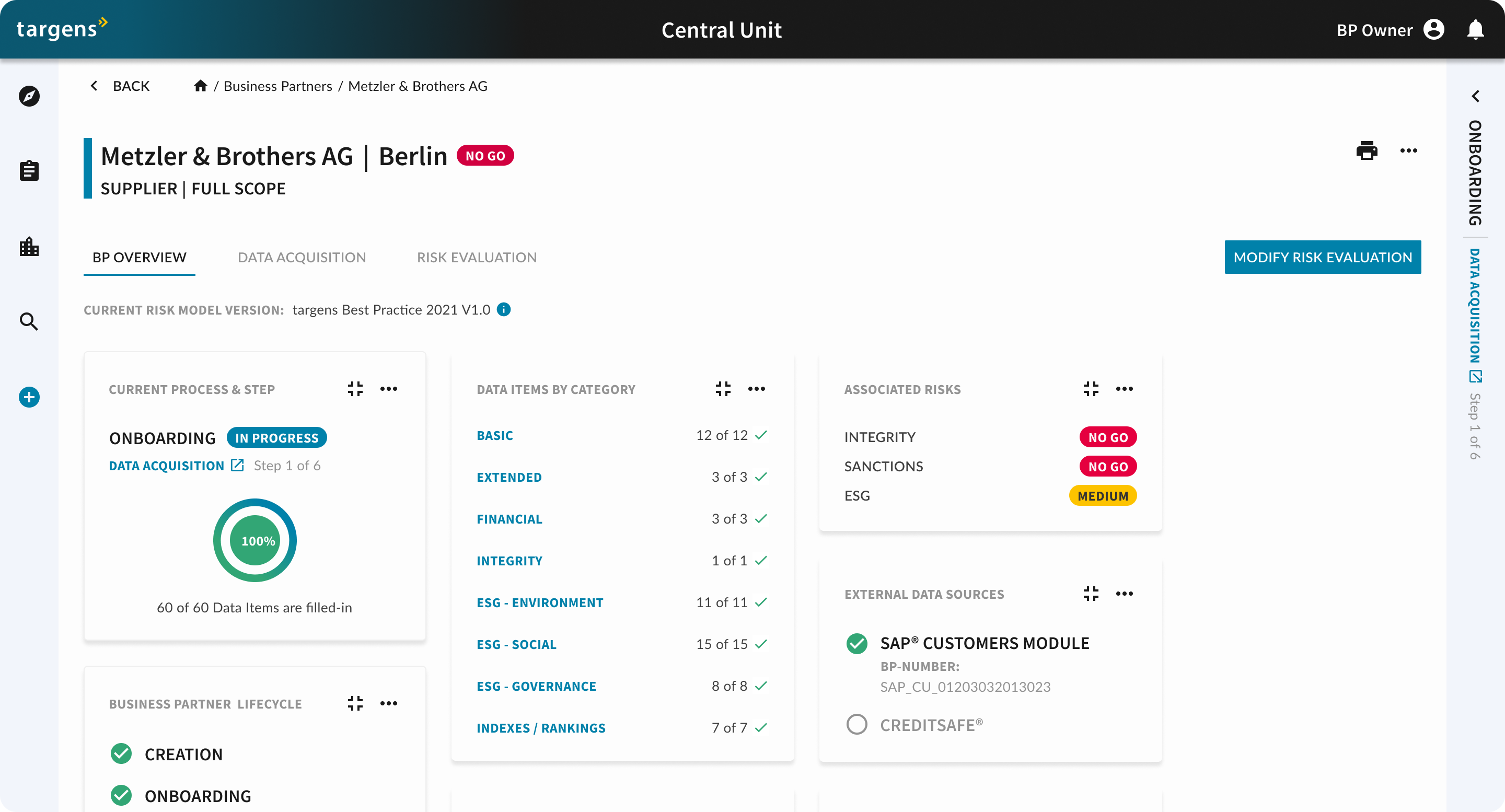 The business partner dashboard once the evaluation is done: the case marked No go, each risk area with its own result, the data items by category, and the version of the risk model used.