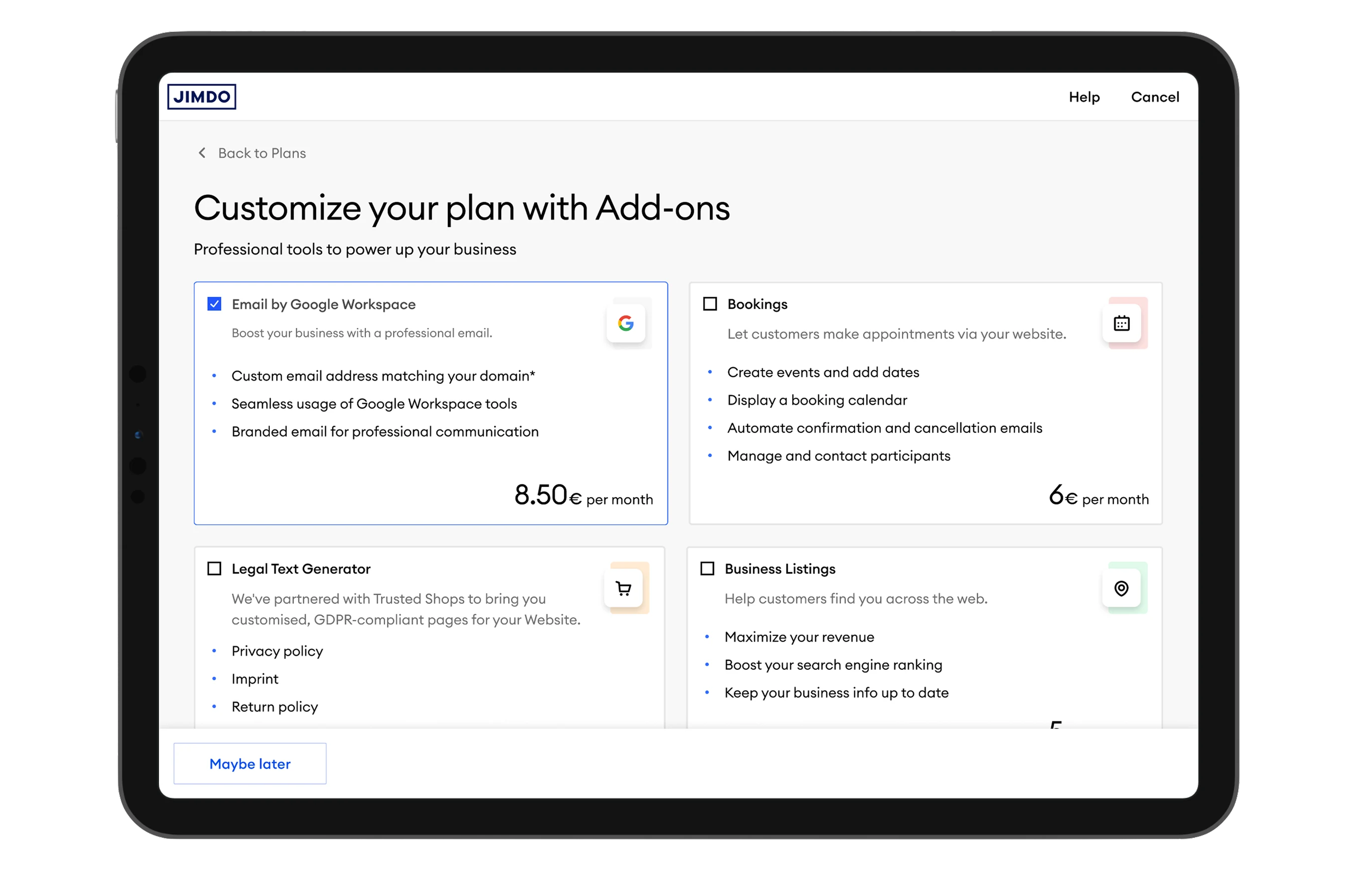 Customize your plan with Add-ons on a tablet: a step inside the Jimdo checkout offering Email by Google Workspace, Bookings, Legal Text Generator and Business Listings, each with a checkbox and a monthly price.