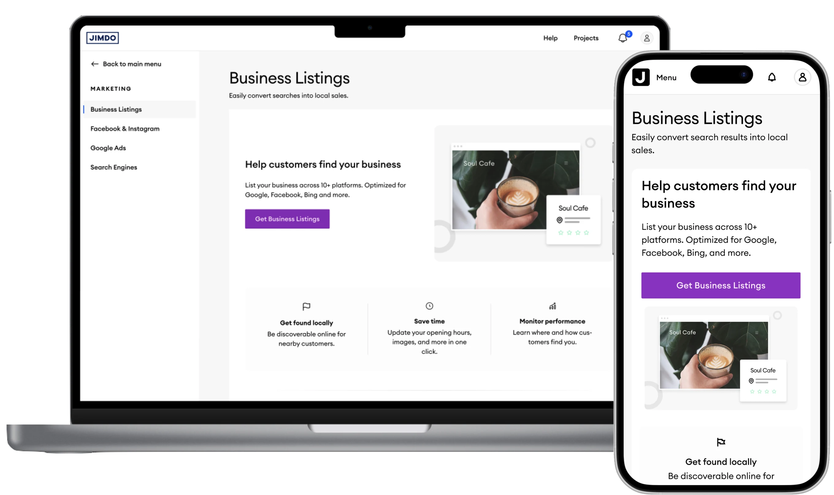 The new Business Listings page on a laptop and on a phone: a headline about helping customers find your business, a short description, one purple button, an illustration of a cafe listing and three benefits.