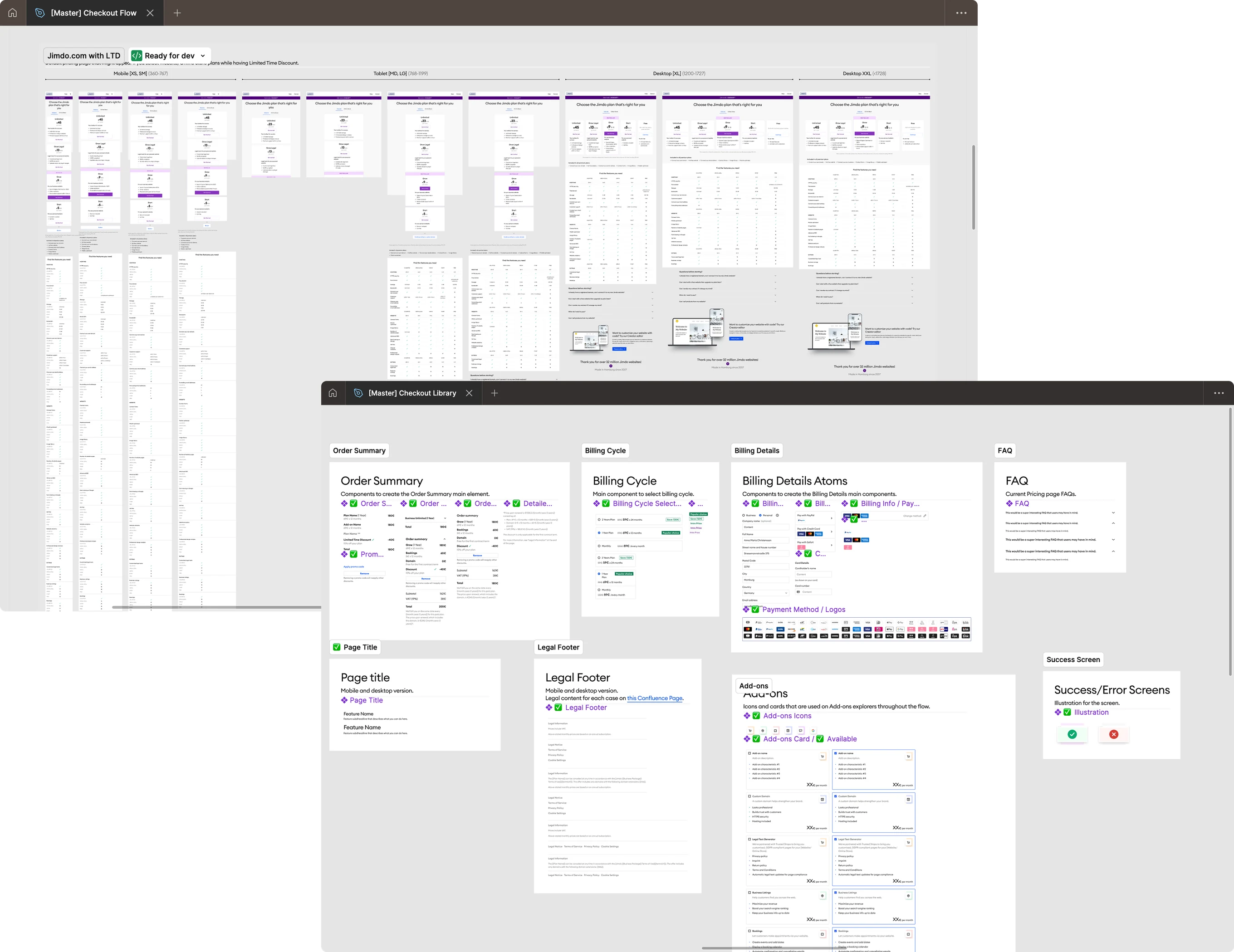 Two Figma files: the master checkout flow with the pricing page at every breakpoint, and the master checkout library with component sets for order summary, billing cycle, billing details, FAQ, page title, legal footer, add-ons and success screens.
