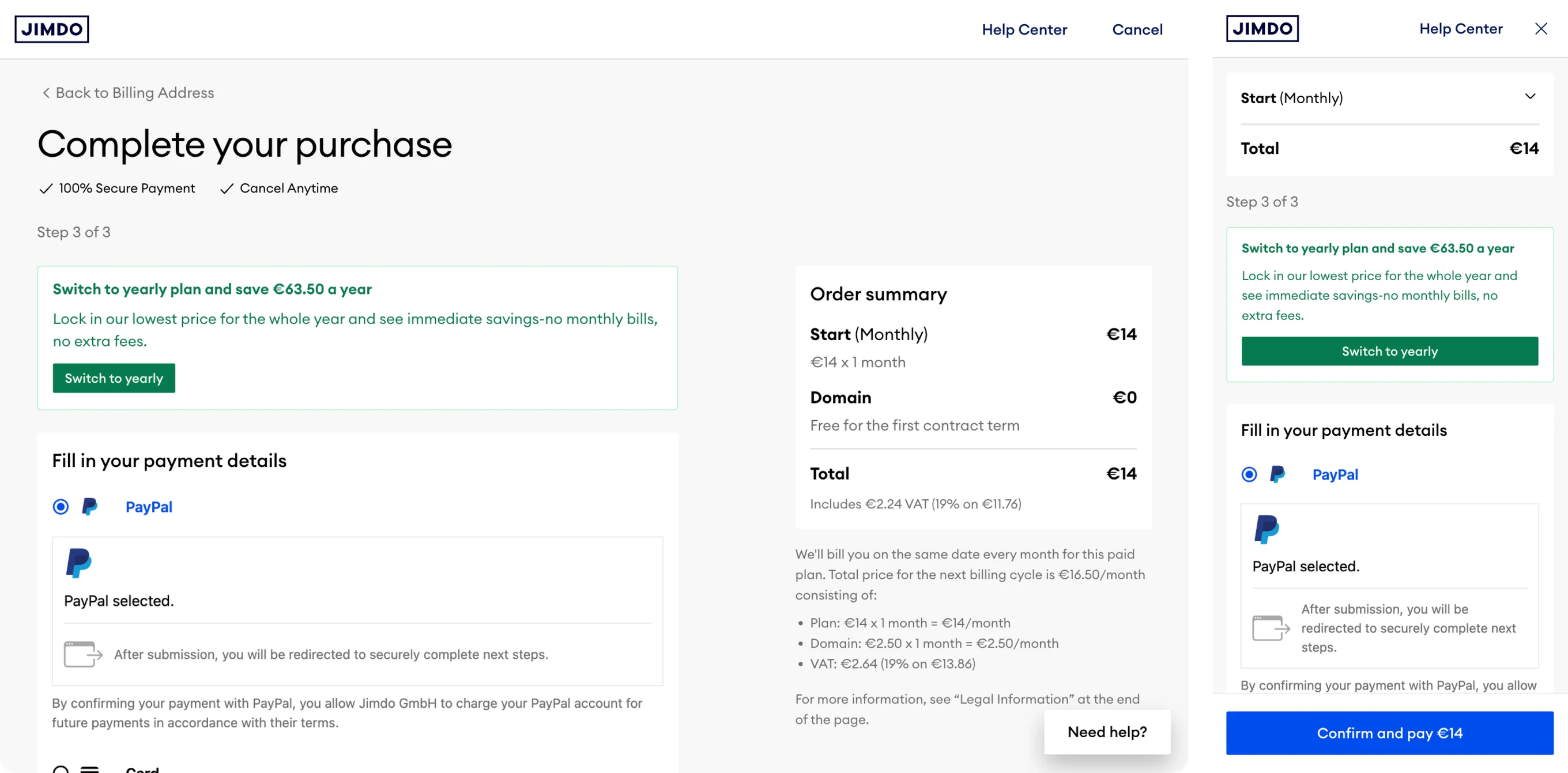 The last step of the Jimdo checkout on desktop and on a phone, side by side: secure payment and cancel anytime under the title, a green banner offering to switch to a yearly plan and save 63.50 euros a year, the payment details, and an order summary with the total including VAT.