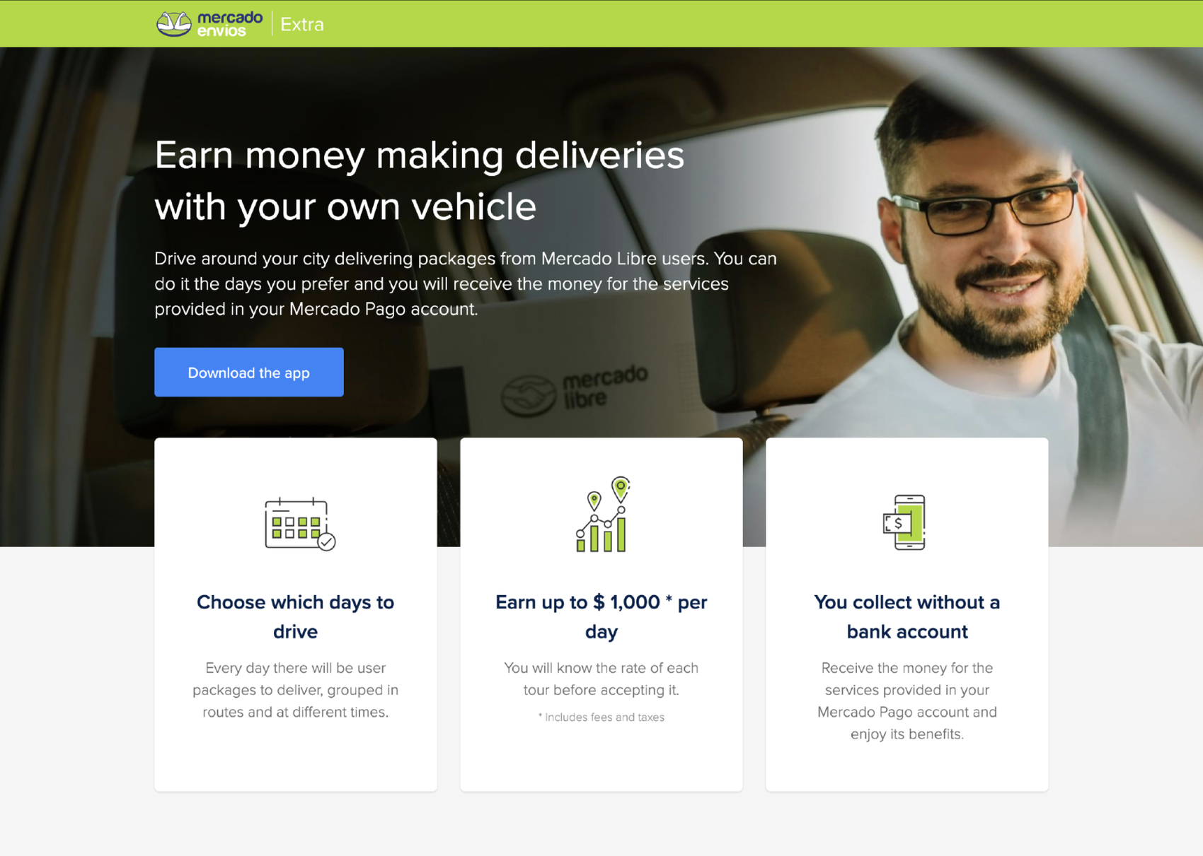 Envíos Extra recruitment landing page: the headline about earning money with your own vehicle, a download button, and three cards about choosing your days, earning up to a daily amount, and collecting without a bank account