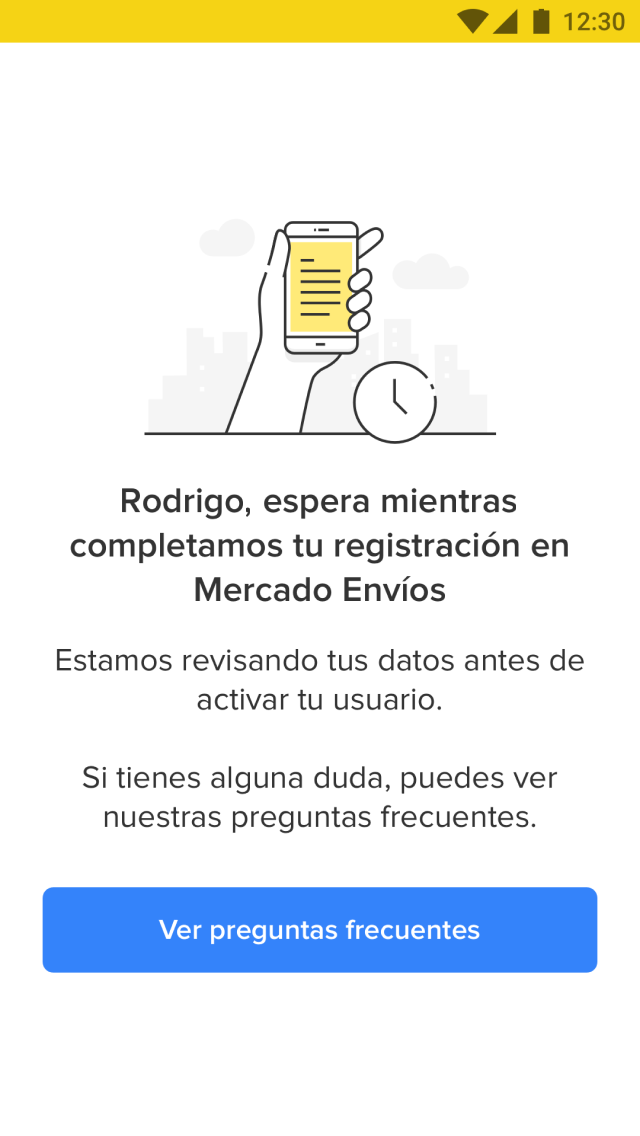 Envíos Extra sign-up: a screen telling the driver their registration is being reviewed before their account is activated, with a button through to the FAQs