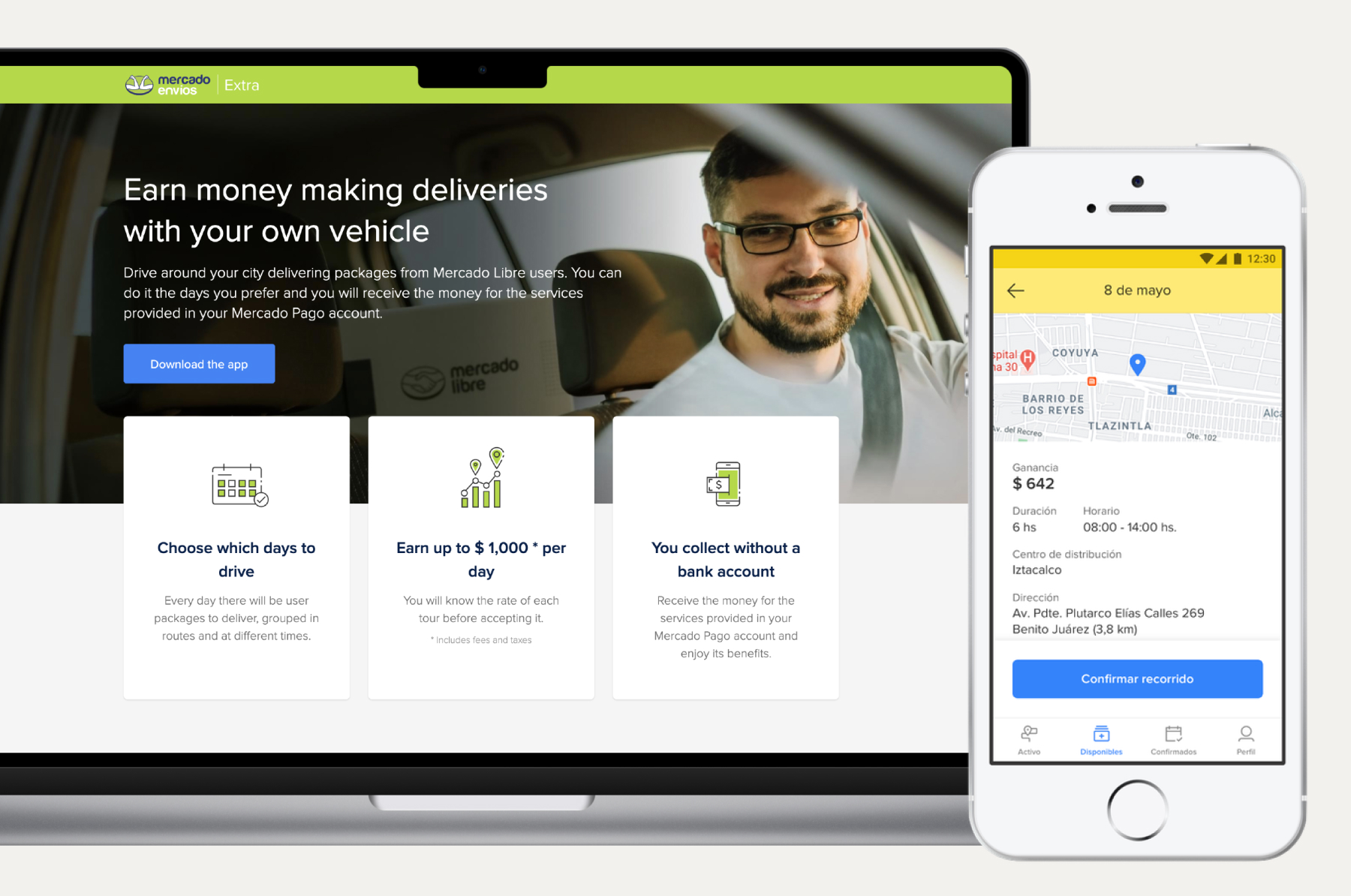Envios Extra: the driver sign-up page on a laptop and the driver app on a phone