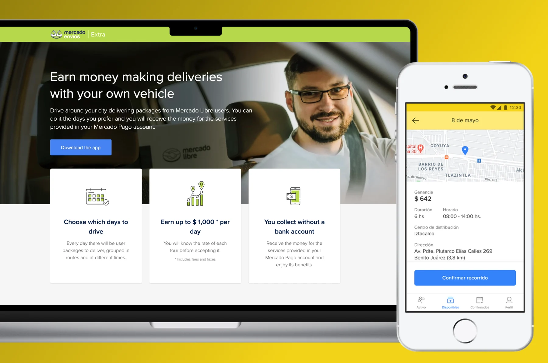 Envios Extra: the driver sign-up page on a laptop and the driver app on a phone